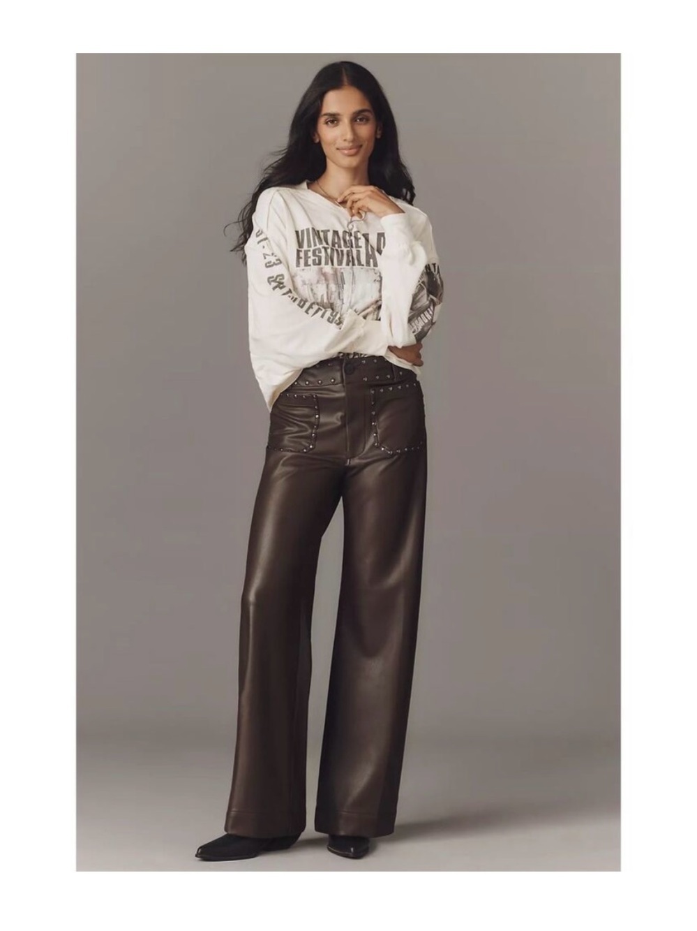 NWT Maeve Wide-Leg Faux Leather Pants in chocolate with Stud Details